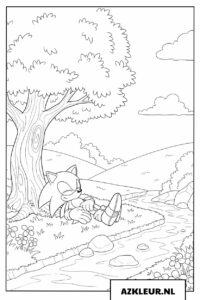 Sonic kleurplaat rustend bij een natuurlijke beek