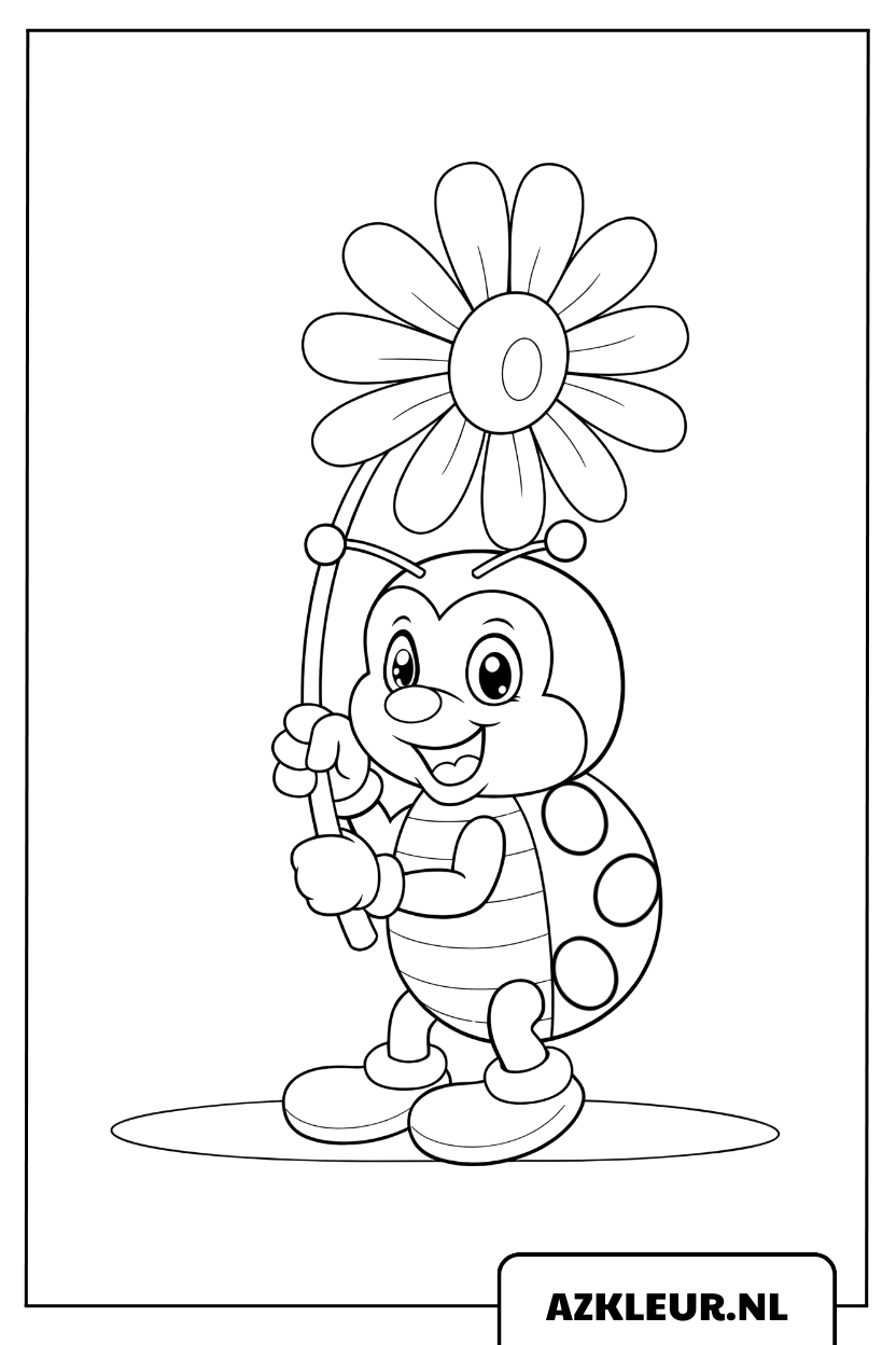 Vrolijk lieveheersbeestje met een bloem kleurplaat