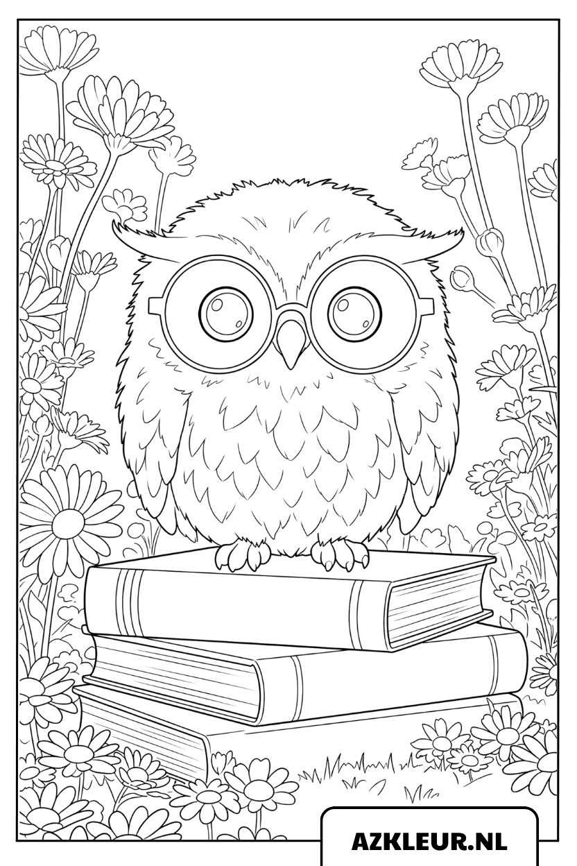 Wijze uil op boeken kleurplaat