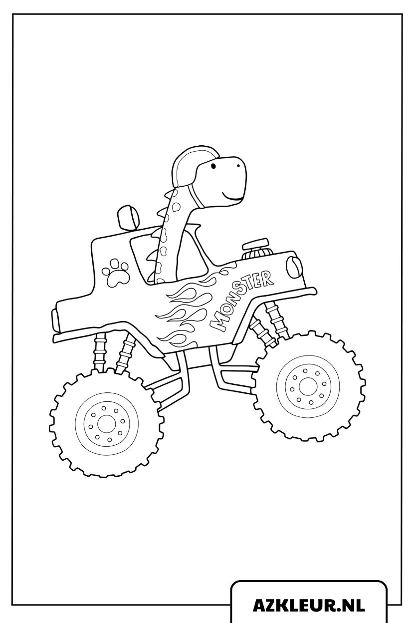 kleurplaat Dinosaurus Die In Een Monstertruck Rijdt