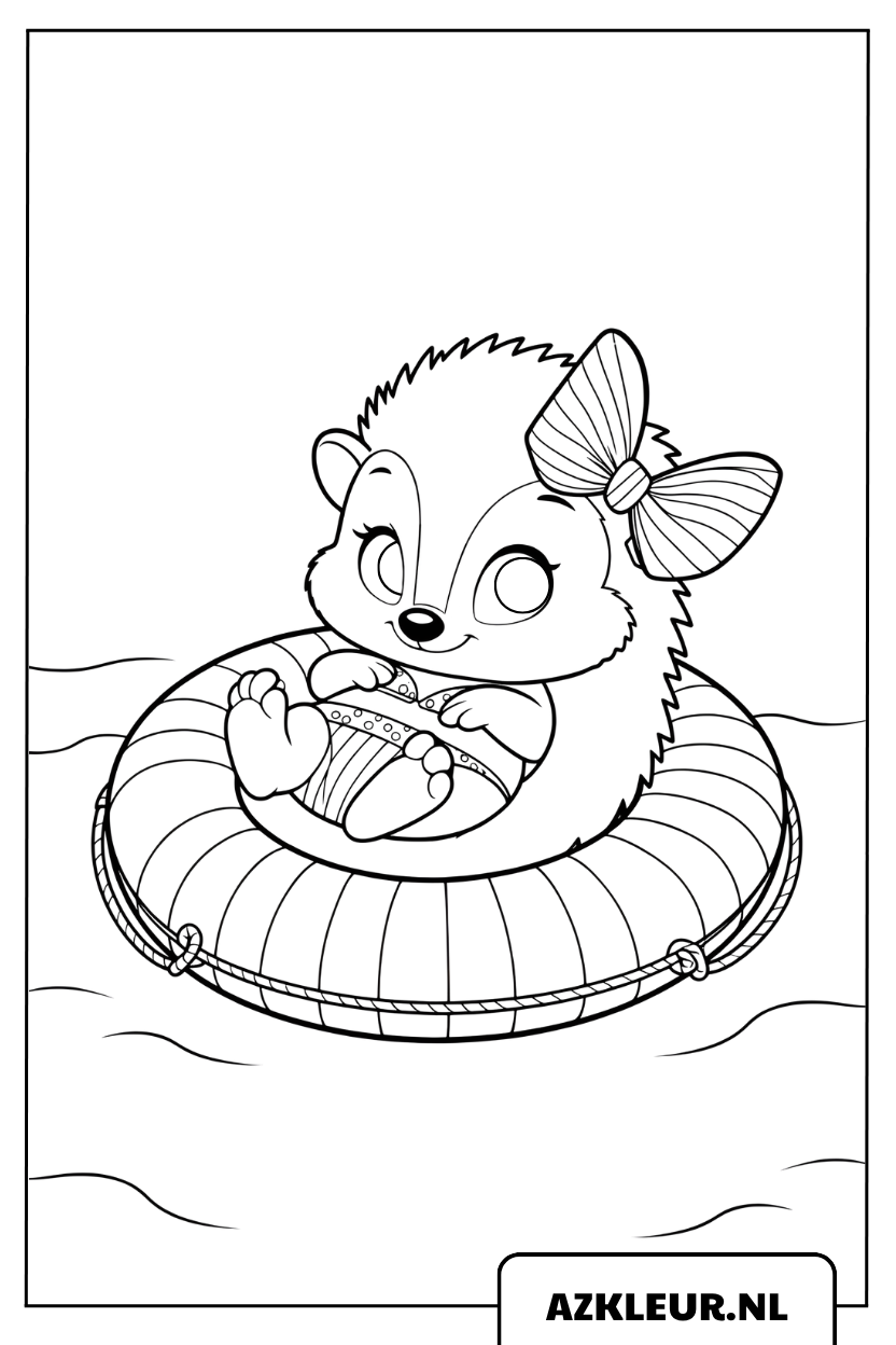 kleurplaat Kleine Egel die Vrolijk in een Zwemband Zwemt
