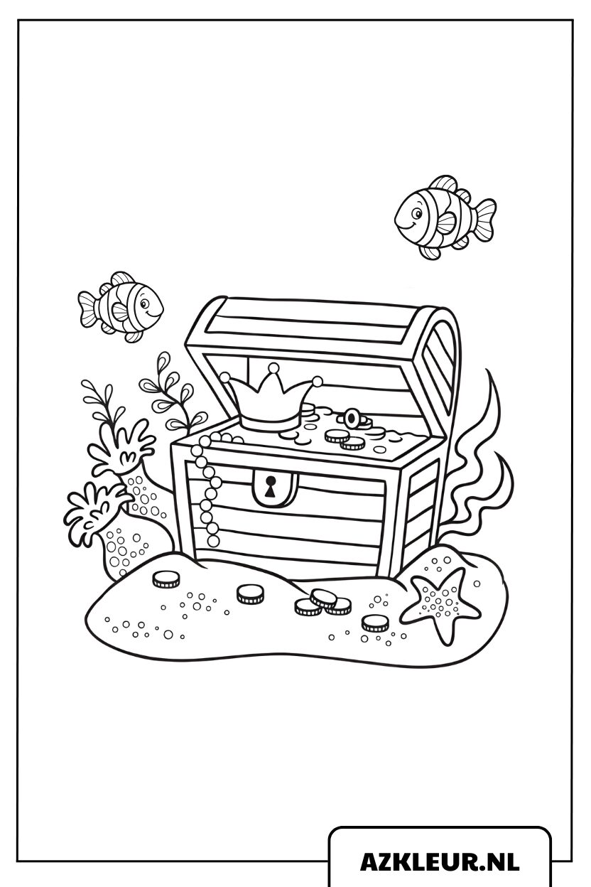 kleurplaat Vissen En Een Geheime Schat Onder De Zee