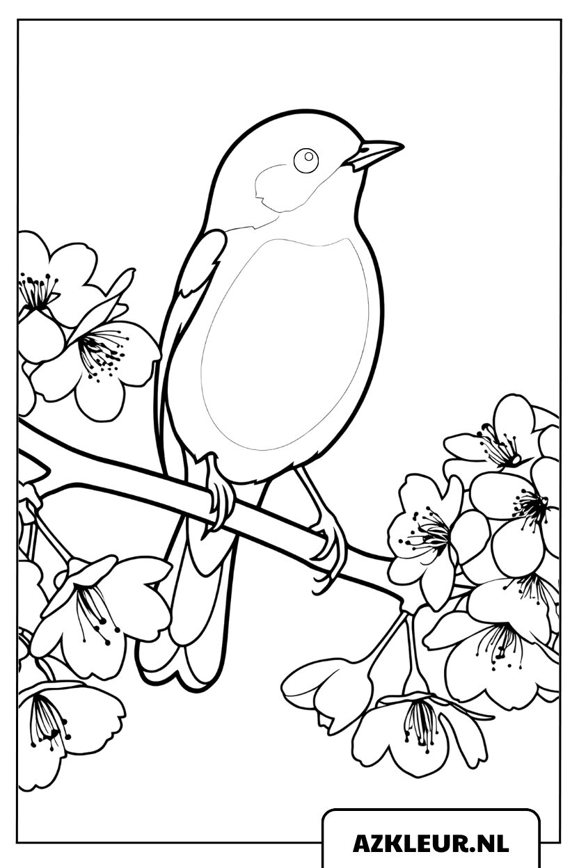 kleurplaat Zingende Vogel op een Perzikbloesemtak