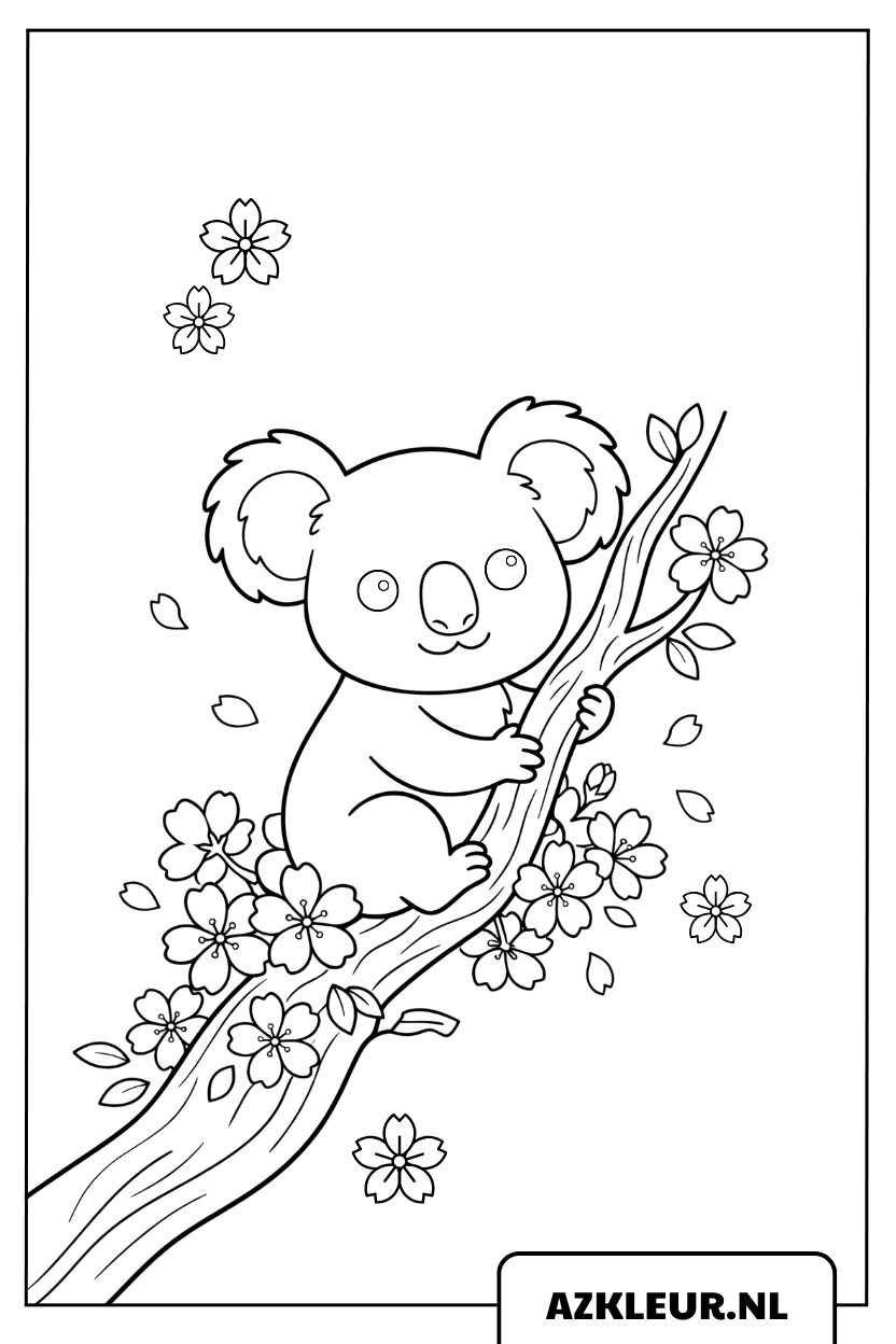 kleurplaat koalabeer klimt op een perzikbloesemtak