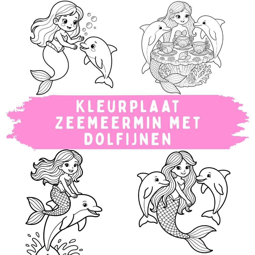 Kleurplaat Zeemeermin met Dolfijnen ft
