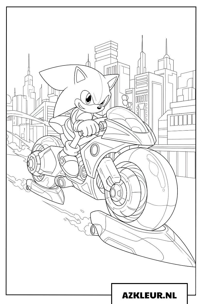 Kleurplaat của Sonic de Egel die een hoverbike (zwevende motor) door een futuristische stad rijdt