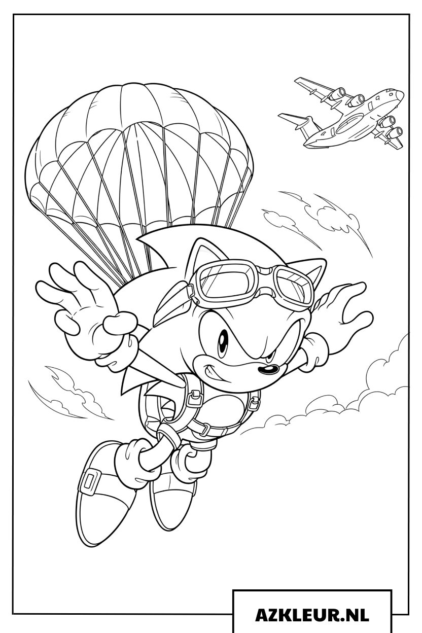Kleurplaat của Sonic de Egel die met een parachute uit een vliegtuig springt
