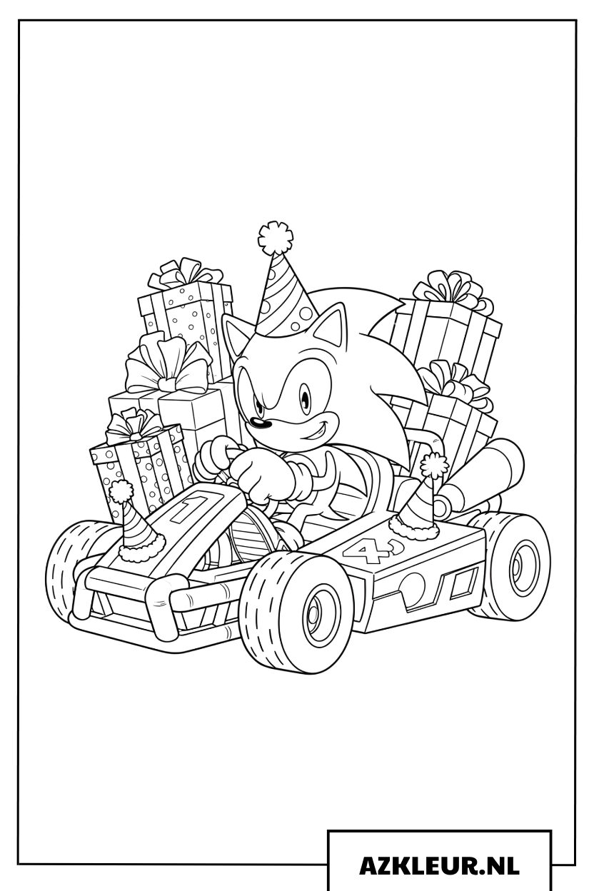 Kleurplaat của Sonic de Egel die op een feestelijk versierde feestauto zit