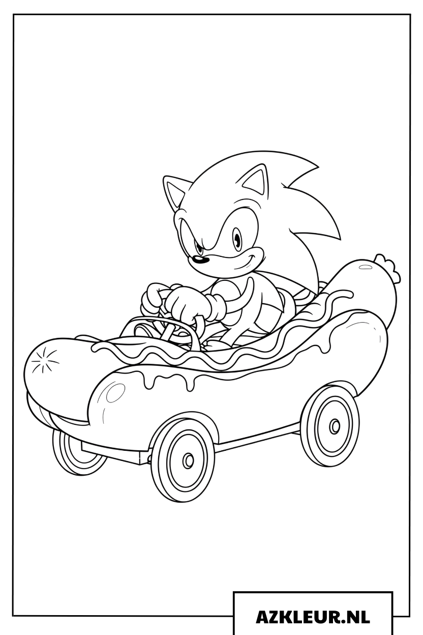 Kleurplaat của Sonic de Egel die vrolijk in một chiếc hotdog-car rijdt