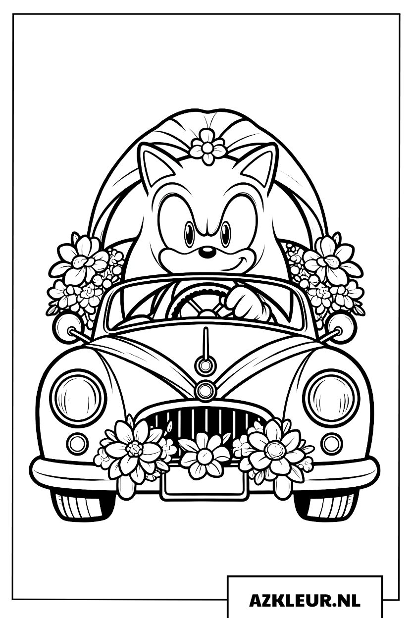 Kleurplaat của Sonic de Egel và Amy Rose die in một chiếc auto zitten die versierd is voor een huwelijk