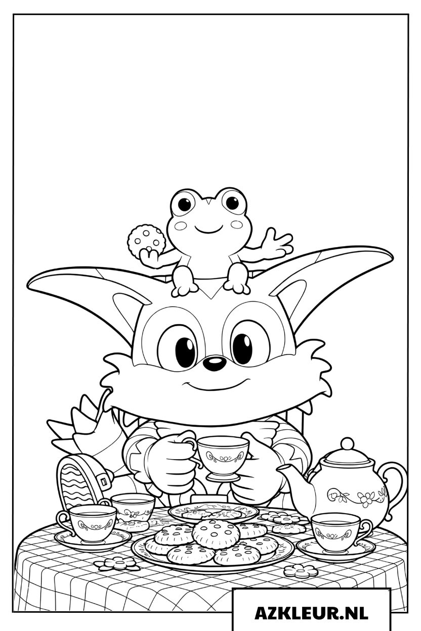 Kleurplaat van Big the Cat en Froggy die samen genieten van thee en lekkere koekjes