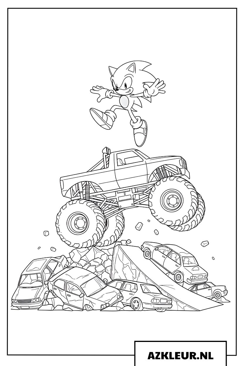 Kleurplaat van Sonic de Egel die over een stapel sloopauto’s springt met zijn monster truck