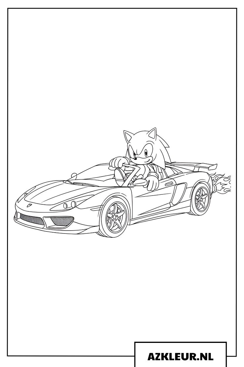 Kleurplaat van Sonic de Egel die rondrijdt in een luxe sportwagen