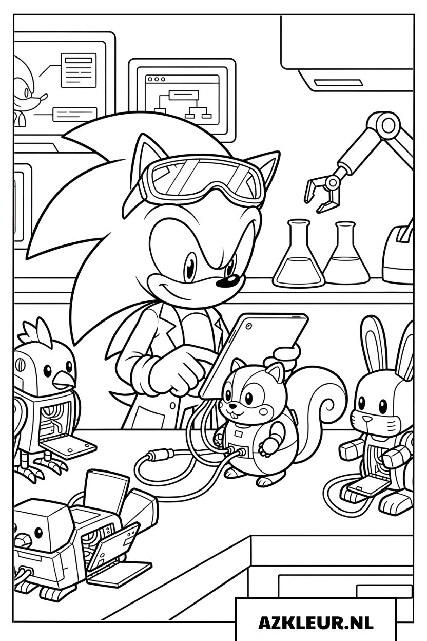 Kleurplaat van Sonic die in een modern laboratorium werkt met kleine robots