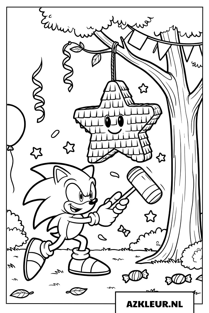 Kleurplaat van Sonic die klaarstaat om een vrolijke piñata kapot te slaan