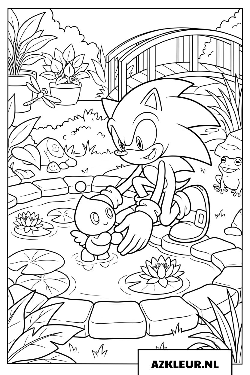 Kleurplaat van Sonic die liefdevol voor een kleine Chao zorgt bij een rustig meer