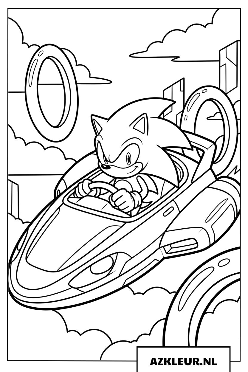 Kleurplaat van Sonic die met een ruimteschip door gouden ringen in de lucht vliegt