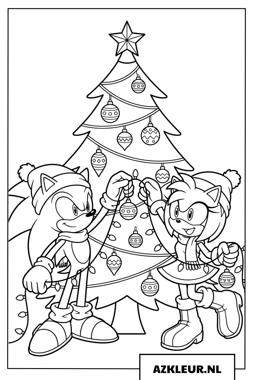 Kleurplaat van Sonic en Amy Rose die samen een schitterende kerstboom versieren