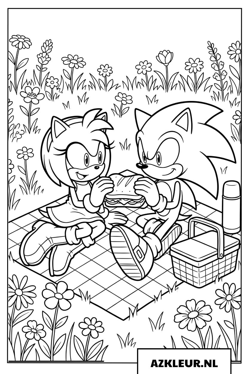 Kleurplaat van Sonic en Amy Rose die samen genieten van een picknick op het gras