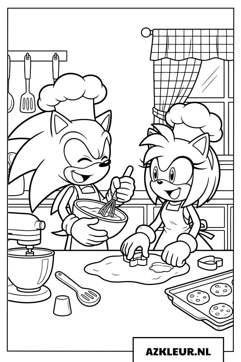Kleurplaat van Sonic en Amy Rose die samen koekjes bakken in de keuken