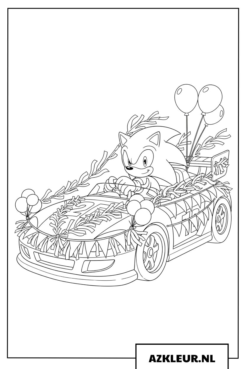 Kleurplaat van Sonic in một raceauto die prachtig là versierd voor de verjaardag