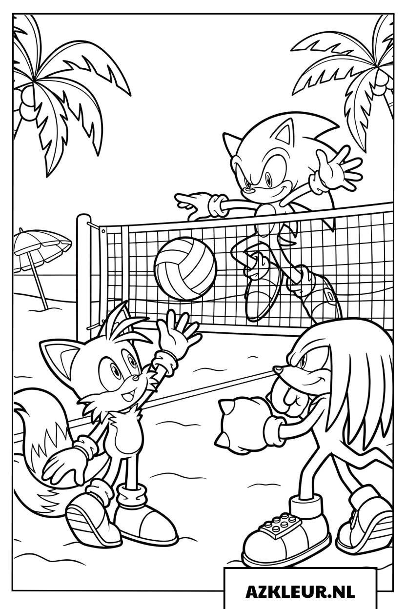 Kleurplaat van Sonic met Tails en Knuckles die gezellig volleyballen op het strand