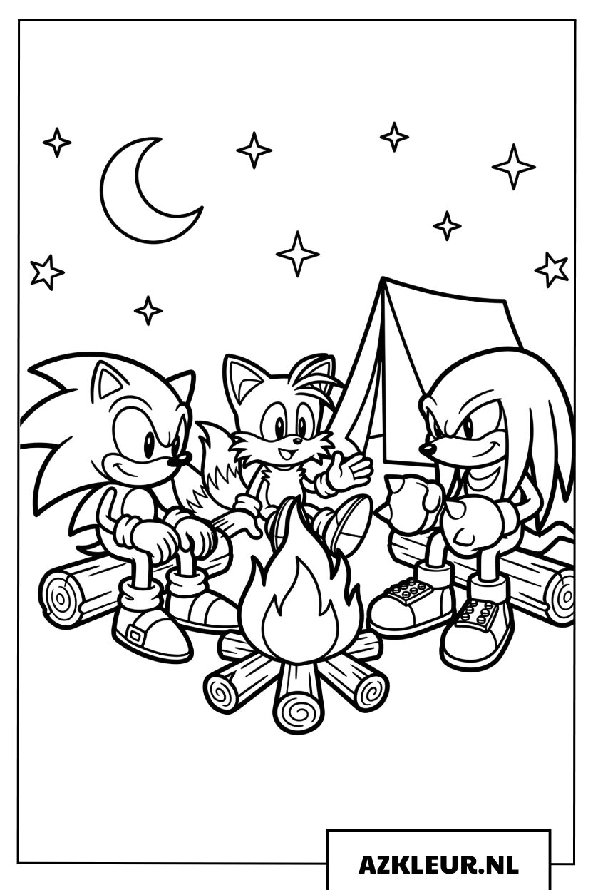Kleurplaat van Sonic met Tails en Knuckles rond een kampvuur onder het maanlicht