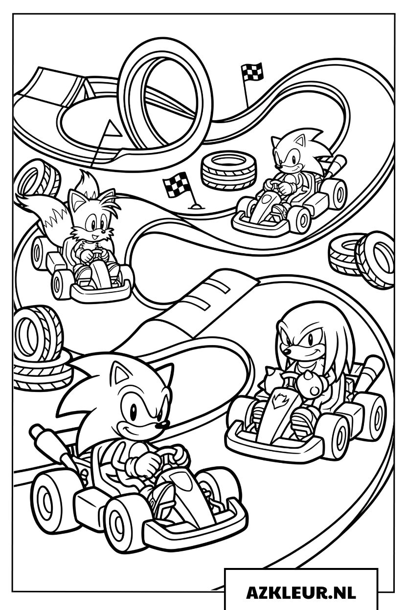 Kleurplaat van Sonic met Tails en Knuckles tijdens een spannende off-road race
