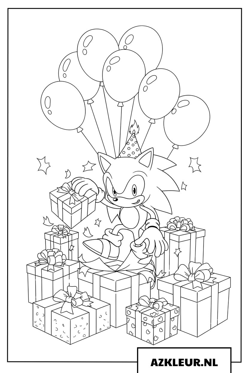 Kleurplaat van Sonic omringd door een enorme stapel verjaardagscadeaus