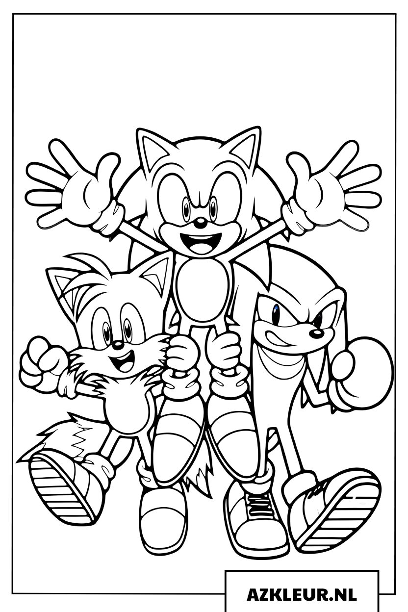 Kleurplaat van Tails en Knuckles die Sonic vol trots op hun schouders dragen