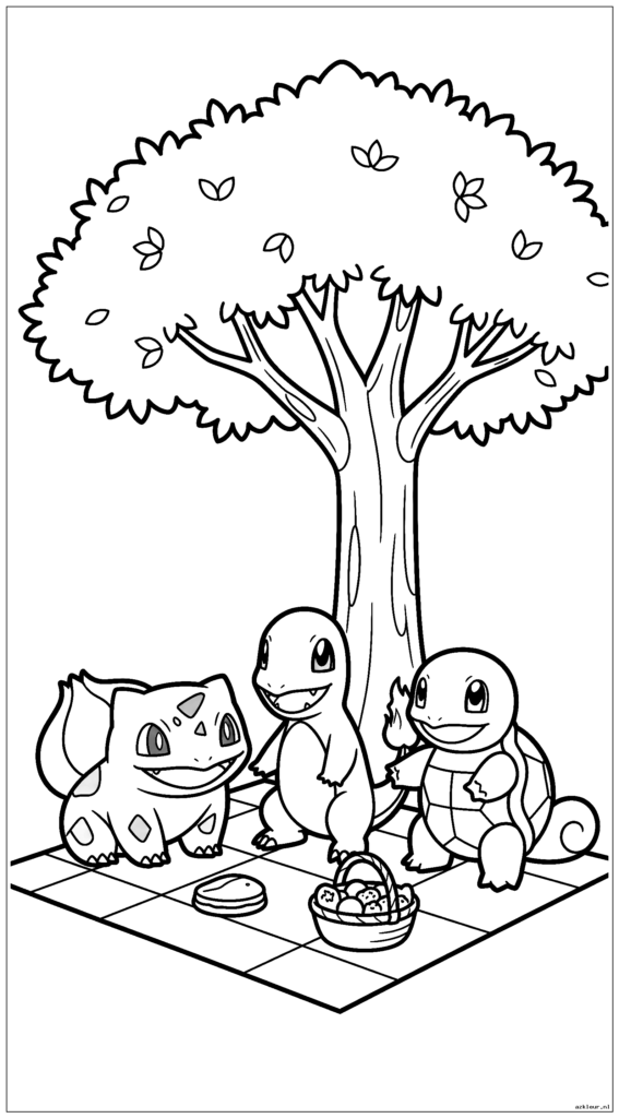 Alle drie de starter-Pokemon picknicken samen onder een boom