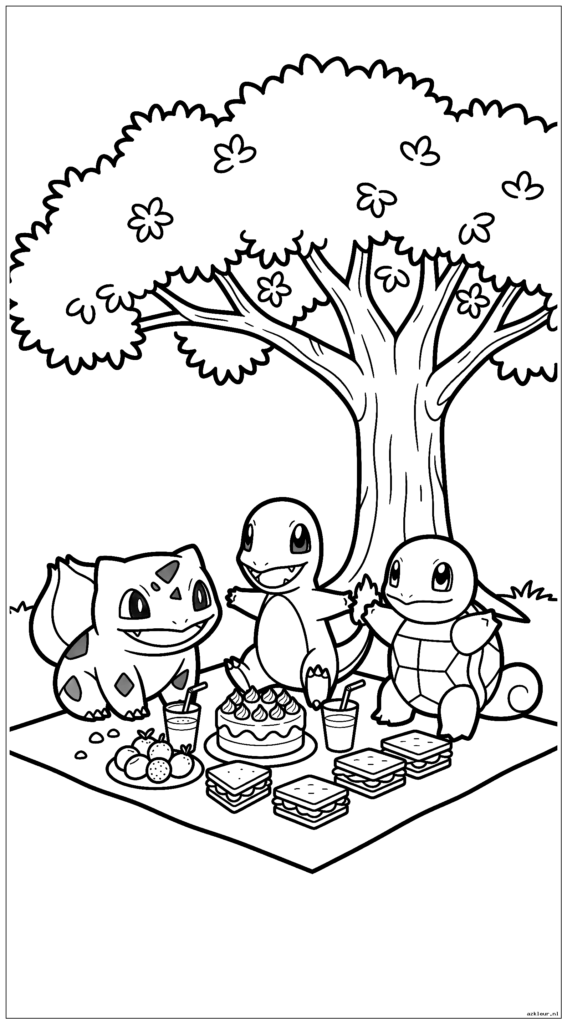 Alle drie de starter-Pokemon picknicken samen onder een boom