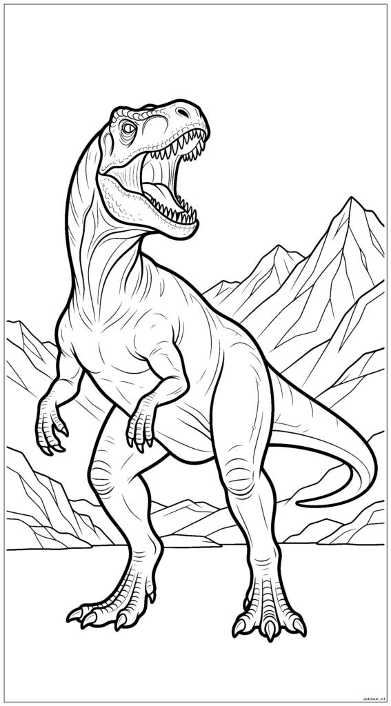 Allosaurus brult met zijn hoofd omhoog tegen een bergachtige achtergrond