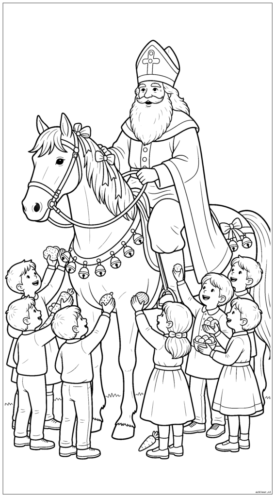 Amerigo draagt Sinterklaas op zijn rug terwijl kinderen hem aaien en lekkernijen aanbieden