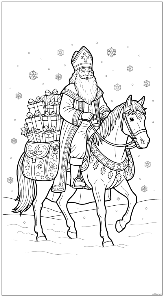 Amerigo helpt Sinterklaas door tijdens een wandeling door de sneeuw extra cadeautjes in versierde zadeltassen te dragen