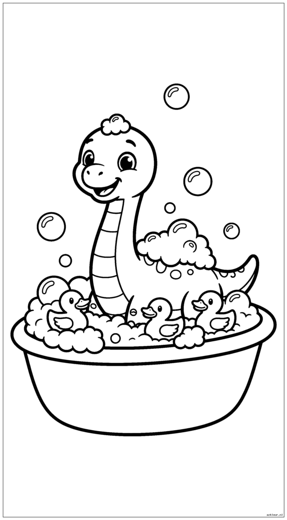 Baby Brontosaurus neemt een bubbelbad met rubberen eendjes en zeepbellen