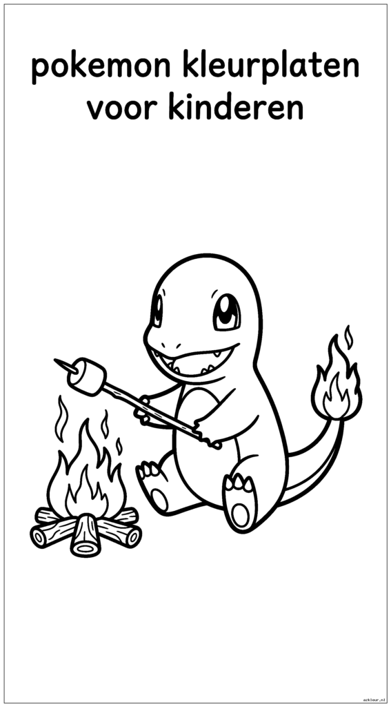 Baby Charmander roostert marshmallows bij een kampvuur met behulp van de staartvlam