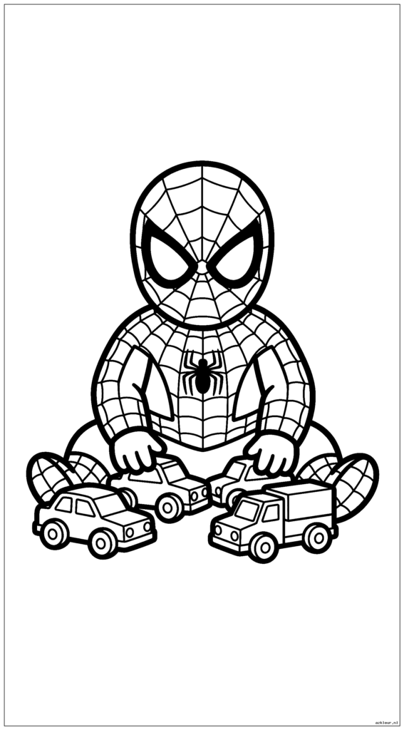Baby Spiderman in een rompertje speelt met speelgoedauto's