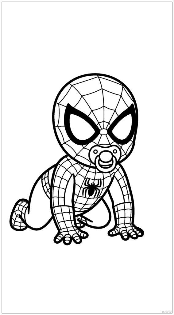 Baby Spiderman kruipt op handen en voeten met een fopspeen