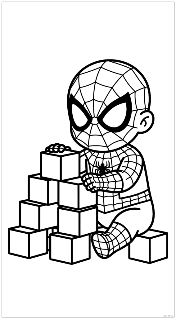 Baby Spiderman speelt met bouwstenen en maakt een toren