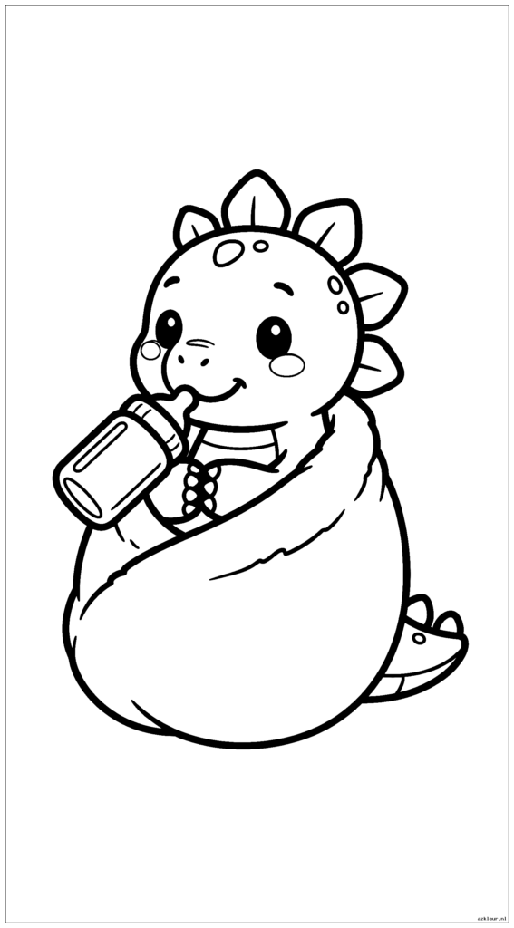 Baby Stegosaurus eet uit een babyfles terwijl hij in een deken is gewikkeld