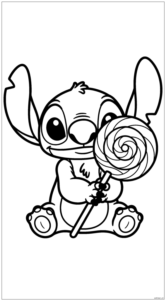 Baby Stitch houdt een grote lolly vast met een eenvoudig wervelpatroon