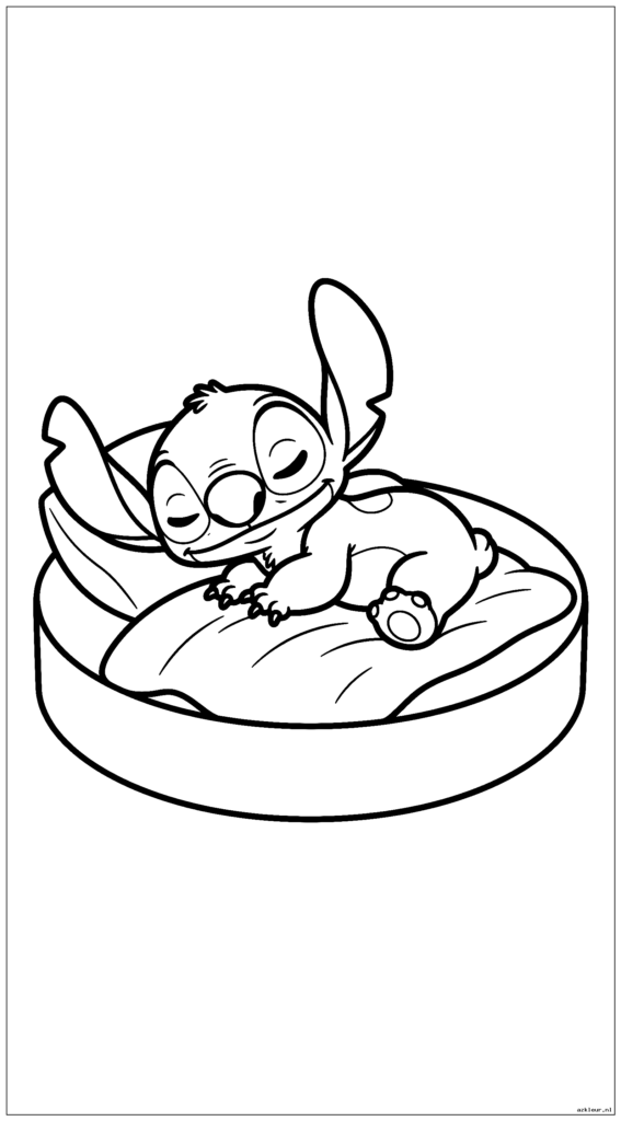 Baby Stitch slaapt in een eenvoudig rond bed met basic dekenontwerp