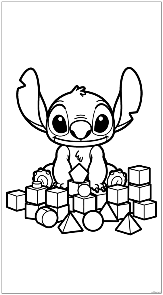 Baby Stitch speelt met bouwstenen op de vloer met geometrische basisvormen
