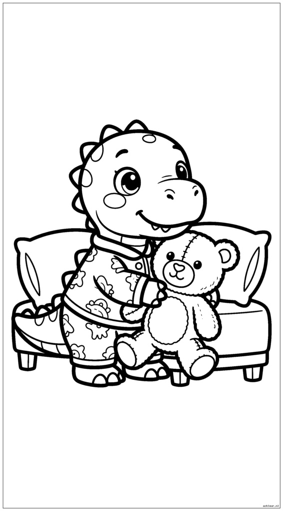 Baby T-Rex in pyjama knuffelt een teddybeer terwijl hij zich klaarmaakt om naar bed te gaan