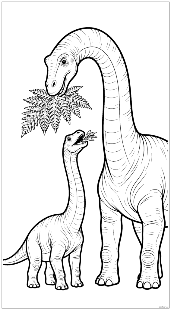 Babybrachiosaurus wordt gevoed met bladeren door zijn moederdinosaurus