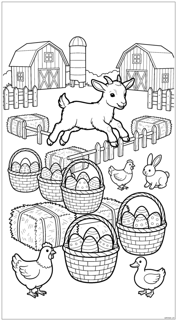 Babygeit springt over paasmanden op een hindernisbaan op het erf