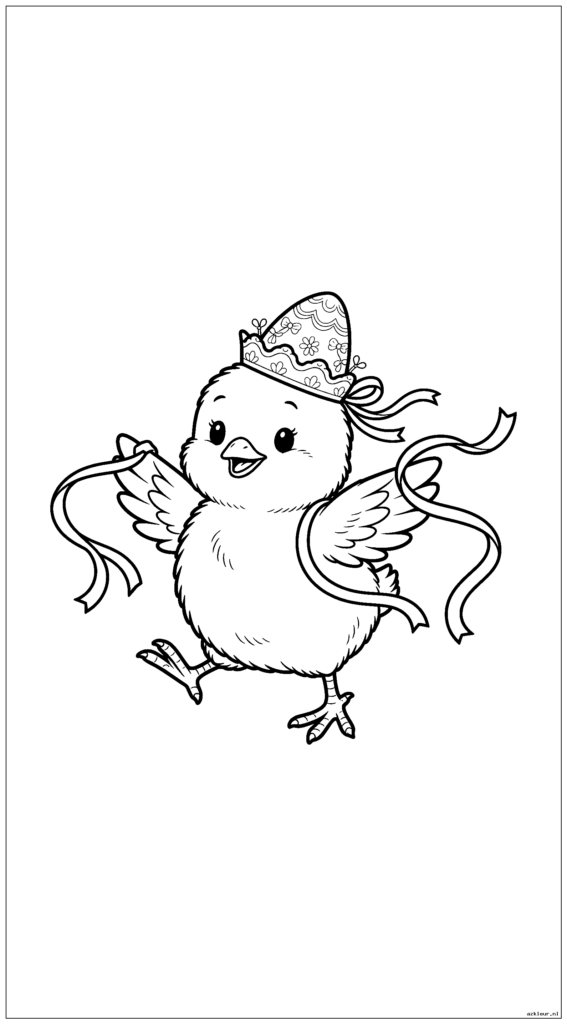 Babykuiken draagt een klein paasmutsje terwijl hij danst met linten