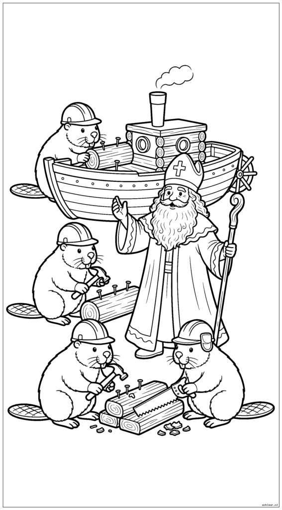 Bevers bouwen met boomstammen en gereedschap een miniatuurstoomboot voor Sinterklaas