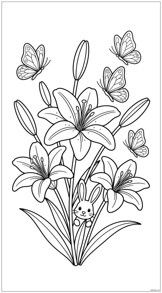 Bloeiende paaslelie met vlinders en een klein konijntje dat zich erachter verstopt